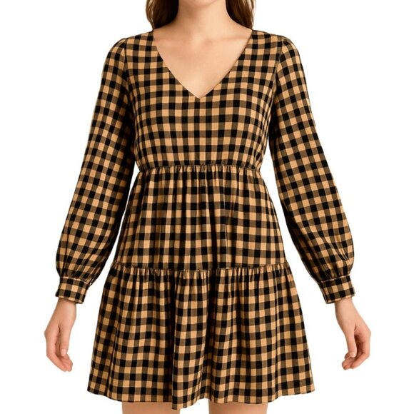 Colllusion Size 0 Plaid Gingham Long Bishop Sleeve Ruffles V-neck Mini Dress - Picture 1 of 10